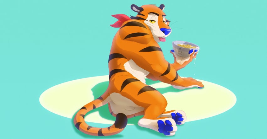 2022 anthro ass balls black_body black_fur black_stripes blep blue_nose blue_pawpads bowl cereal container countershade_fur countershading digital_media_(artwork) eyebrows felid food frosted_flakes fur genitals hi_res holding_bowl holding_container holding_object kellogg's kerchief kerchief_only male male_only mammal mascot milk mostly_nude neckerchief neckerchief_only orange_body orange_fur pantherine pawpads paws perineum smile solo striped_body striped_fur stripes tiger tongue tongue_out tony_the_tiger whiskers white_body white_countershading white_fur yellow_sclera zen