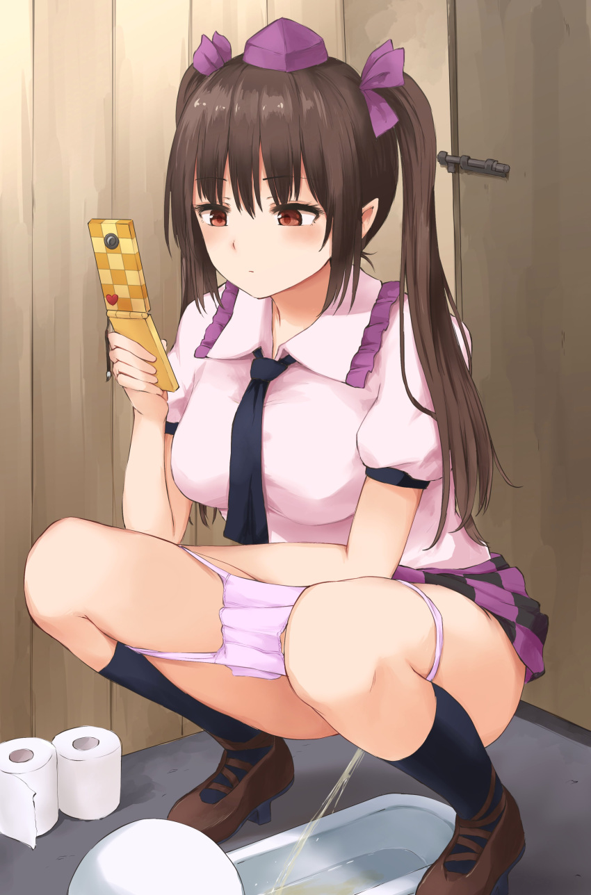 1girls brown_eyes brown_hair clear_urine hatate_himekaidou panties peeing phone smartphone squat_toilet squatting tagme techi_(techi35499) toilet toilet_pee touhou