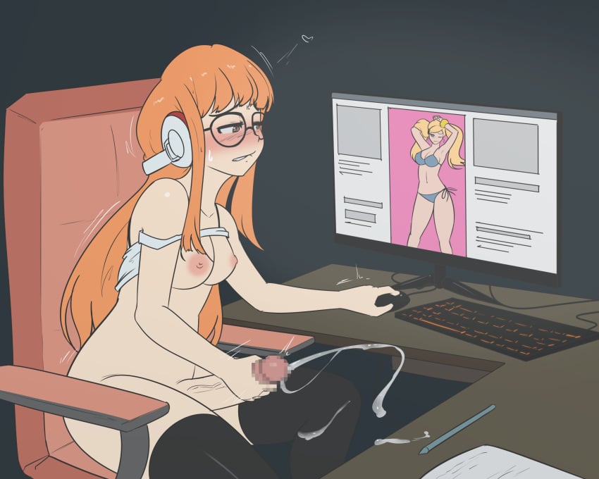 1futa 1girls ann_takamaki areolae big_penis bikini blush breasts censored chair clothed clothing computer computer_monitor computer_screen cum desktop ejaculation electronics erection eyewear female futa_only futanari glasses gooning human light-skinned_futanari light_skin long_hair masturbating masturbation mekkx mostly_nude neet nipples nude orgasm pale_skin penis persona persona_5 pornography sakura_futaba shirt shirt_lift sitting solo spread_legs thighhighs watching_porn