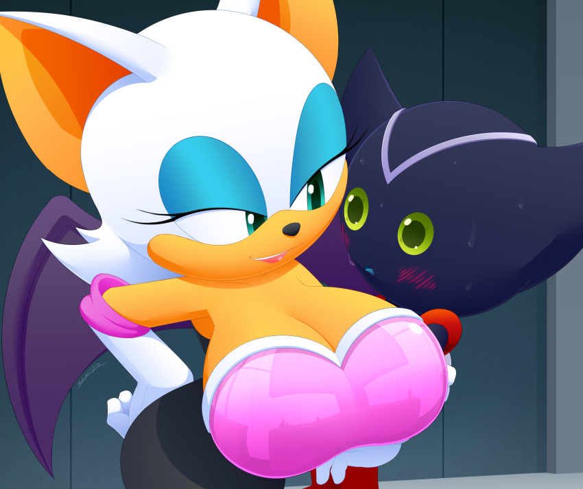 1boy 1girls bat big_breasts blush bokkun breasts ear eyelashes eyelids female lips lipstick male robot rouge_the_bat seducing sega slickehedge sonic_(series) sonic_the_hedgehog_(series) sonic_x sweat wings