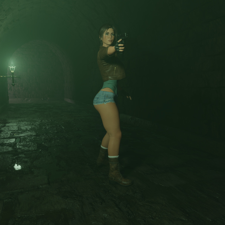 3d blender breasts brown_hair eyes female firearm footwear green gun hair handgun handwear hips human lara_croft lara_croft_(survivor) long ponytail sicipo6908 solo solo_female tattoo thick thighs thunder tomb_raider weapon