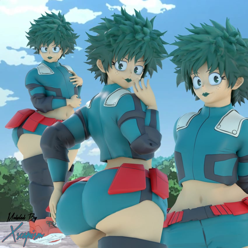 1boy 3d ass background big_ass big_thighs booty_shorts deku elbow_pads femboy freckles_on_face girly green_clothing green_eyes green_hair green_lipstick hand_on_ass hand_on_butt hand_on_own_ass hand_on_own_chest hero_outfit_(mha) izuku_midoriya knee_pads lipstick looking_back male male_only massive_ass my_hero_academia pouches rocks seductive_look seductive_smile solo solo_male thick_thighs thighhighs thighs trees wide_hips xscapism