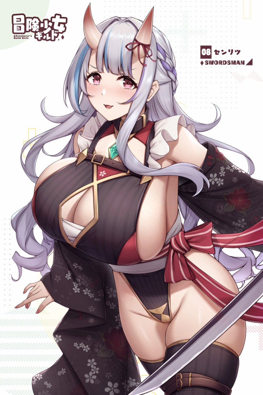 1girls bangs blush cleavage curvy female fou_zi highres huge_breasts japanese_clothes long_hair looking_at_viewer oni oni_horns original paintcan purple_eyes revealing_clothes sideboob solo sword thick_thighs thighhighs weapon