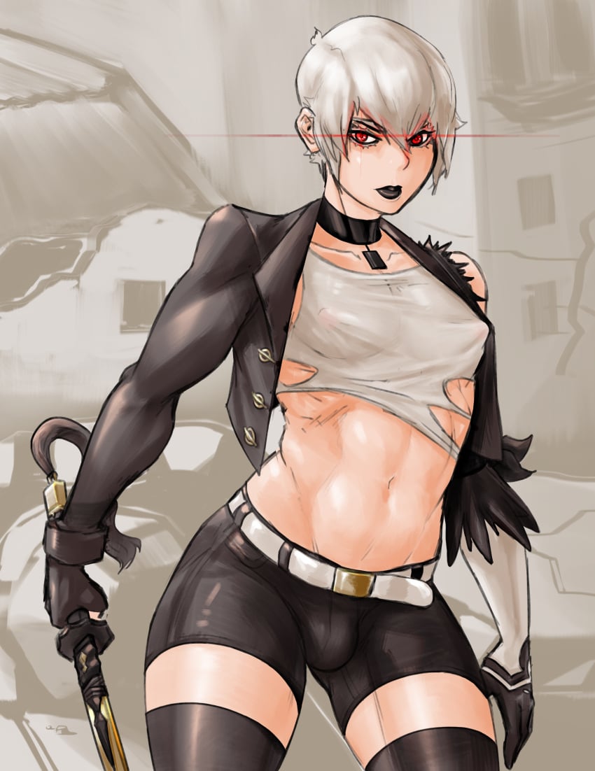 1boy axred7 bare_midriff belt black_choker black_gloves black_jacket black_lipstick black_shorts black_thighhighs bulge choker clothing femboy feminine_male gloves glowing_eyes glowing_red_eyes goth hlding_sword holding jacket light-skinned_male light_skin looking_at_viewer male male_focus male_only nier nier:_automata nipple_bulge penis_under_clothes red_eyes red_glow short_hair short_white_hair shorts solo solo_male sword thighhighs tight_shirt toned_male torn_clothes weapon white_hair yorha_9s