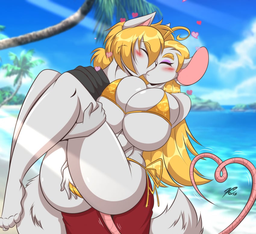 1boy 1girls 2022 anthro ass beach big_ass bikini blonde_hair blush breasts cameltoe canine cleavage closed_eyes duo female furry heart huge_breasts jessica_(mastergodai) ken_dalton kissing lifting_person long_hair male mastergodai mouse rascals rodent straight swimsuit thick_thighs white_fur wide_hips