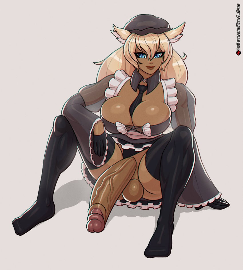 1futa animal_ears balls big_balls big_breasts black_gloves black_necktie black_panties black_skirt black_thighhighs blonde_hair blue_eyes breasts bustier busty catgirl cleavage clothed clothing dark-skinned_futanari dark_skin dickgirl erection flaccid frilled_skirt futa_only futanari gloves half_gloves huge_cock humanoid humanoid_penis kemonomimi long_hair maid maid_uniform necktie necktie_between_breasts open_legs panties_aside partially_clothed penis see-through_sleeves selena_(projektselena) sitting skirt solo solo_futa spread_legs thick_penis thighhighs truelolzor upskirt veiny_penis