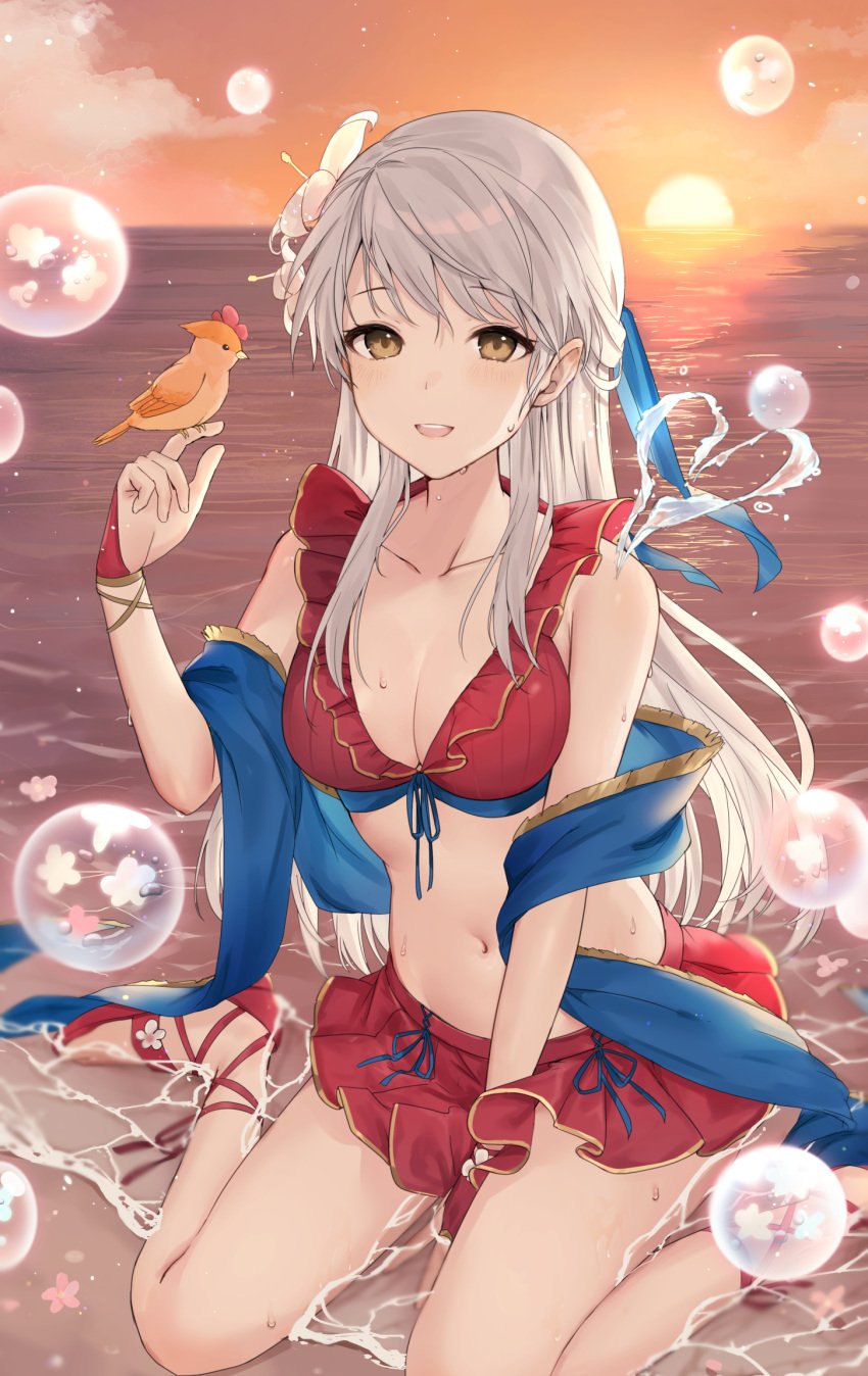 1girls bangs between_legs bikini bikini_skirt bird bird_on_hand blue_shawl blush breasts bubble cleavage collarbone female female_only fingerless_gloves fire_emblem fire_emblem:_radiant_dawn fire_emblem_heroes flower frilled_bikini frills front-tie_top gloves grey_hair hair_flower hair_ornament hand_between_legs haru_(nakajou-28) heart highres legs long_hair looking_at_viewer medium_breasts micaiah_(fire_emblem) micaiah_(summer)_(fire_emblem) miniskirt navel nintendo ocean official_alternate_costume open_mouth outdoors pleated_skirt red_bikini red_footwear red_gloves red_skirt red_swimsuit sandals shawl sitting skirt smile solo stomach sunset swimsuit thighs two-tone_bikini wariza water wet wholesome yellow_eyes