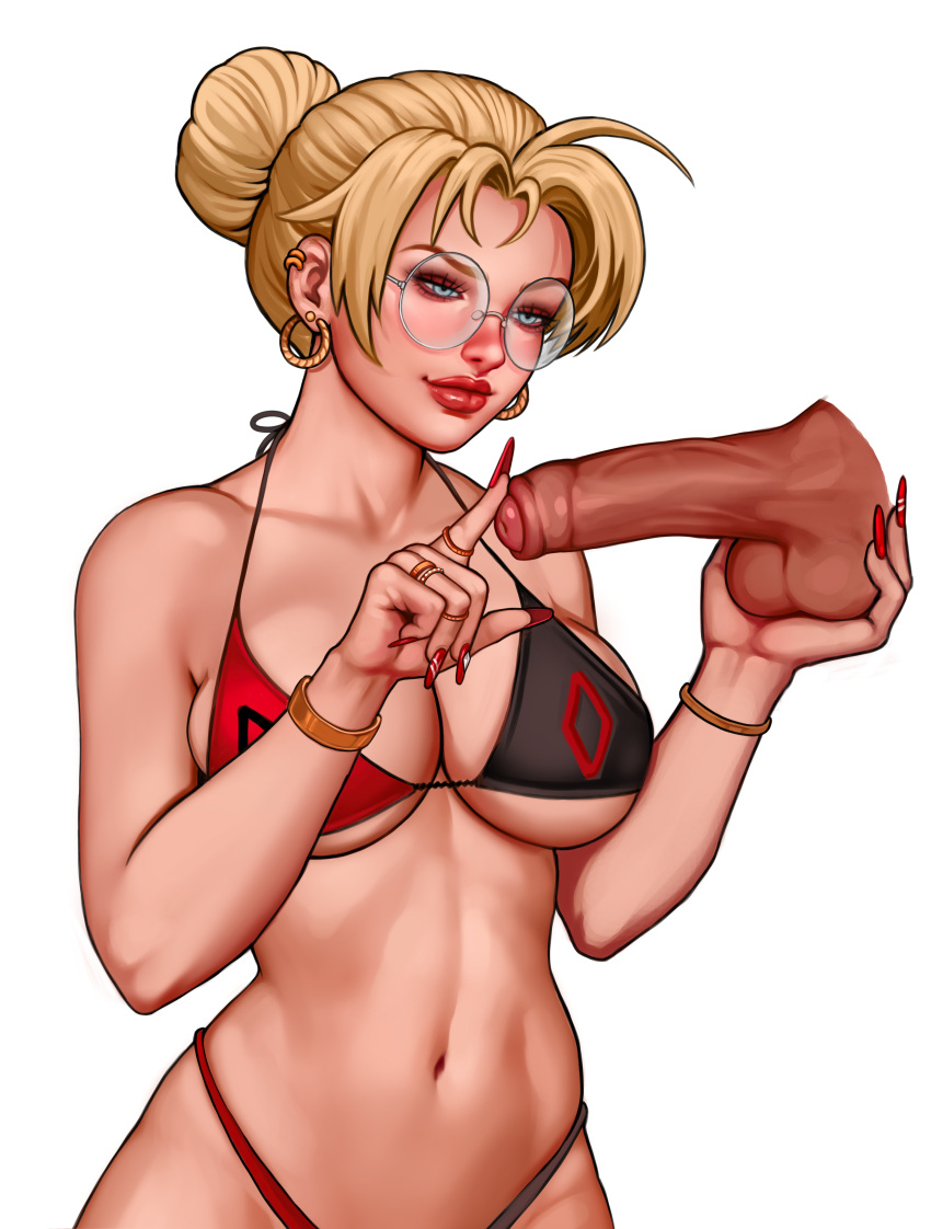 1girls batman_(series) big_breasts bikini blonde_hair bracelet dark-skinned_male dc dc_comics female female_focus foreskin glasses hair_bun handjob harleen_quinzel harley_quinn holding_balls long_fingernails looking_at_penis nail_polish penis ring teasing thong uncircumcised zoemimieux