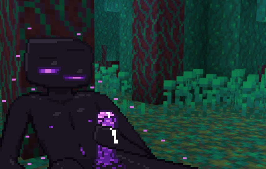 1boy background cum cum_on_hand derpy_eyes dingbox(artist) el_the_enderman(dingbox) enderman funny funny_face glowing glowing_eyes glowing_penis in-game_background male male_only minecraft original_character penis penis_in_hand pixel_art post_nut_clarity purple_eyes sitting solo that_moment_when_you_nut_and_start_spacing_out twink uncut