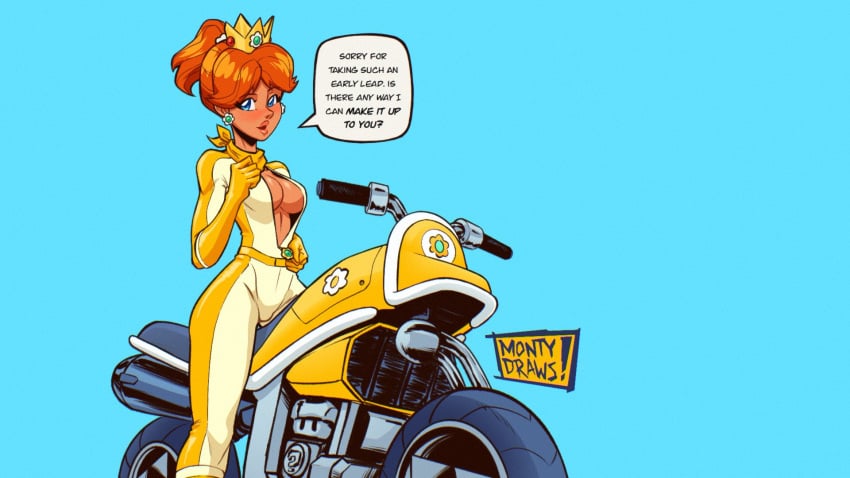 1girls biker biker_clothes blue_eyes blush bodysuit breasts cleavage gloves lips looking_at_viewer mario_(series) mario_kart montydraws motorcycle nintendo orange_hair ponytail princess_daisy skin_tight solo speech_bubble teasing text text_bubble tight_clothing unzipped unzipped_bodysuit zipper_pull_tab