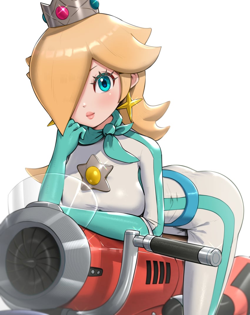 1girls ass belt biker biker_clothes blonde_hair blue_eyes bodysuit breasts butt_crack_outline crown cute gloves gonzarez hi_res long_hair looking_at_viewer mario_(series) mario_kart motorcycle nintendo princess_rosalina scarf skin_tight solo tight_clothing