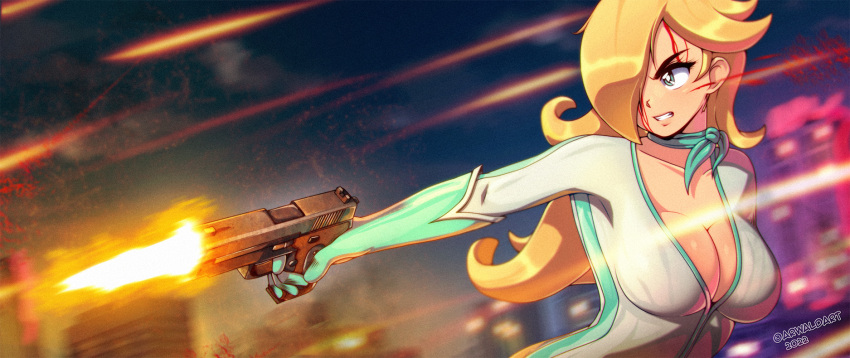 1girls arwald biker biker_clothes blonde_hair blood blue_eyes bodysuit breasts cleavage gloves gun long_hair mario_(series) mario_kart nintendo pistol princess_rosalina scarf skin_tight solo tight_clothing unzipped unzipped_bodysuit weapon