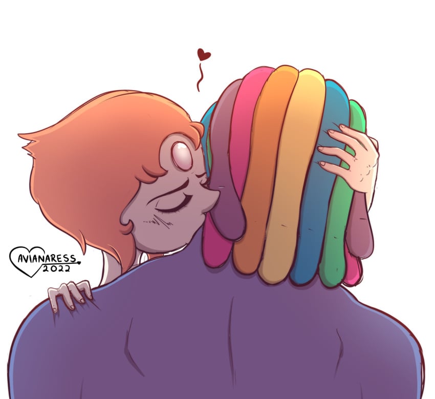 alien avianaress bismuth_(steven_universe) bismuth_casual_(steven_universe_future) bispearl cartoon_network gem_(species) grabbing_head hand_on_shoulder kissing_neck licking muscular neck_kiss neck_lick pearl_(steven_universe) rainbow_hair size_difference steven_universe yuri