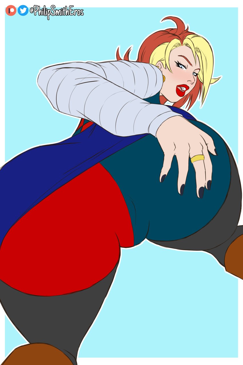 1girls android_18 android_21 android_39 ass ass_focus ass_grab ass_up big_ass black_nail_polish black_nails blonde_hair blue_eyes boots brown_hair clothed dragon_ball dragon_ball_fighterz dragon_ball_z earrings female female_only fusion inviting krillin kuririn large_ass lipstick looking_at_viewer looking_back nail_polish patreon philipsmitheros red_lipstick ring short_hair showing_ass two_tone_hair