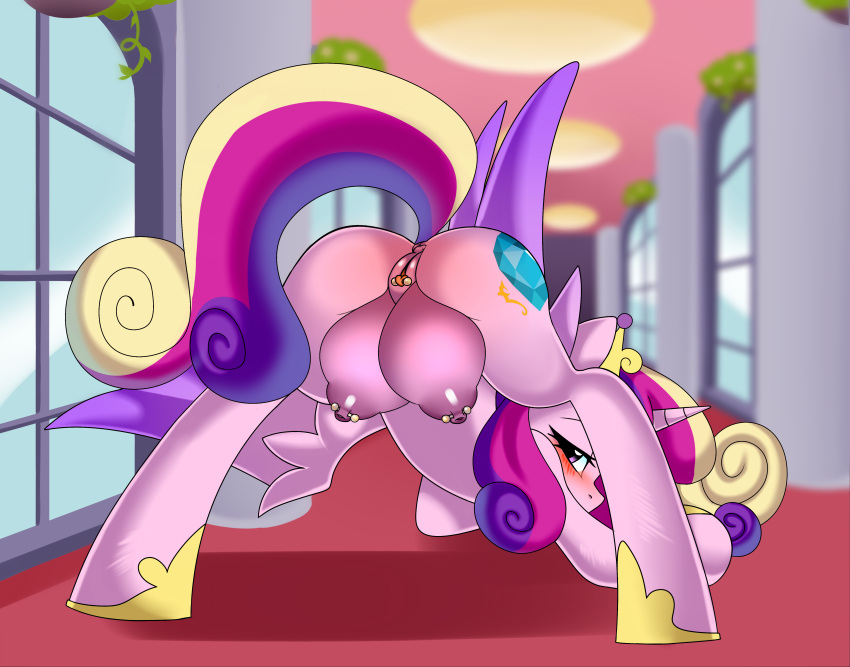 2021 absurd_res alicorn anus blush clitoris clitoris_piercing clothing crotchboobs digital_media_(artwork) equid equine female feral footwear friendship_is_magic genital_piercing genitals hair haruk hasbro hi_res horn jack-o'_pose mammal multicolored_hair multicolored_tail my_little_pony nipple_piercing nipples piercing pink_body pose princess_cadance_(mlp) raised_tail rear_view shoes wings