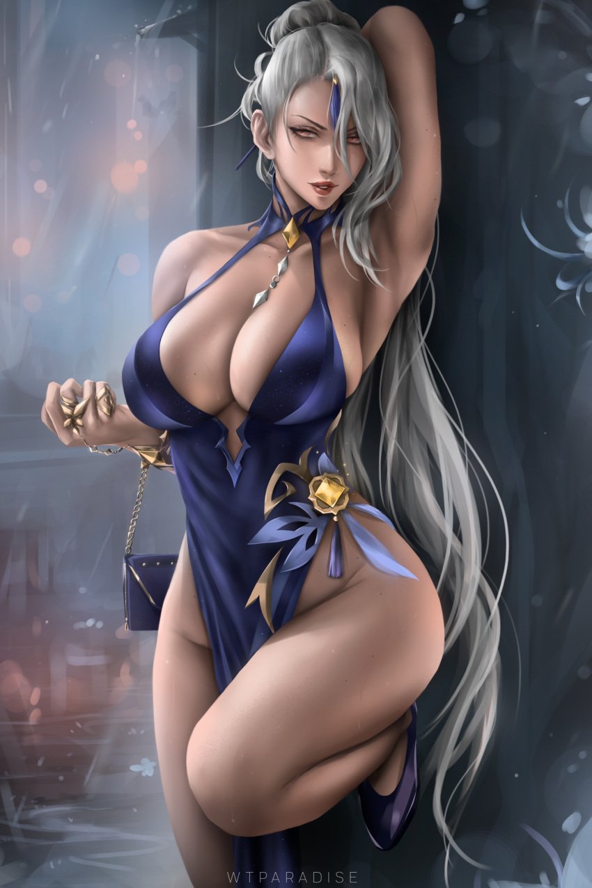 1girls 2022 against_wall arm_up armpits breasts dress elegant_dress female female_only genshin_impact heels hi_res hips huge_breasts long_hair long_legs looking_at_viewer naughty_face ningguang_(genshin_impact) ningguang_(orchid's_evening_gown)_(genshin_impact) purse slim_waist suggestive_look thick_thighs thighs we1cometoparadiseart welcometoparadise white_hair wide_hips wtparadise