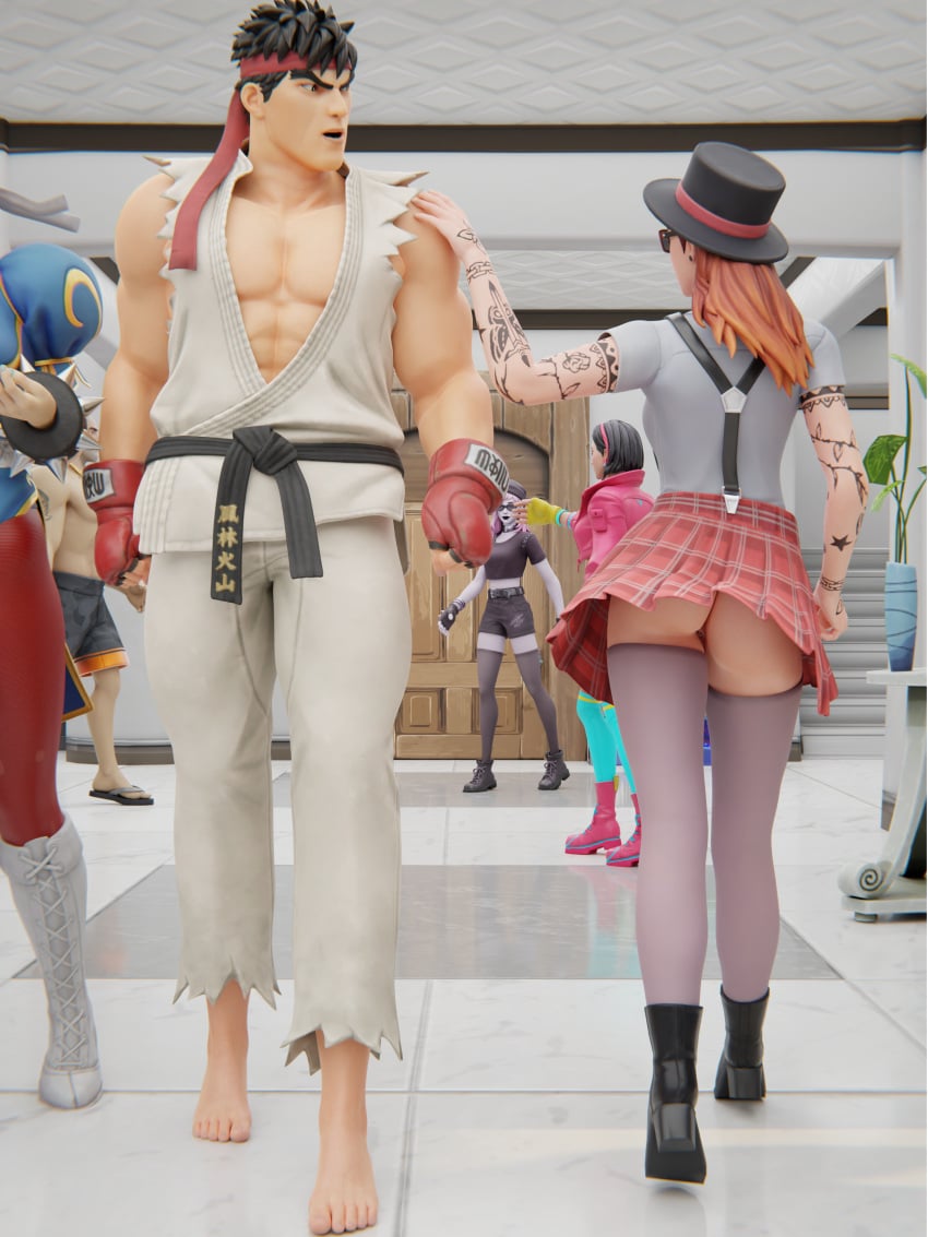 3d capcom chun-li chun-li_(fortnite) crossover female fortnite fortnite:_battle_royale gym male pepper_thorne_(fortnite) ryu_(street_fighter) sixser sparring street_fighter