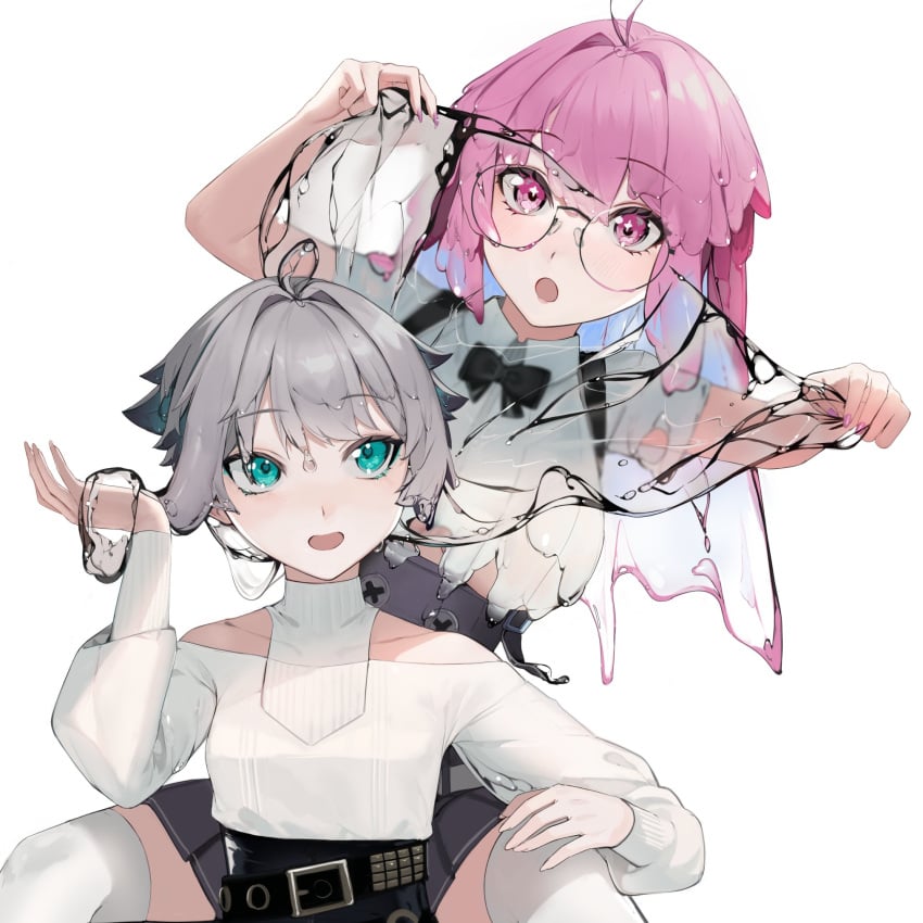 2girls cyan_eyes dripping eyebrows_visible_through_hair glasses gray_hair highres hiiragi_mikoto long_hair matching_hair/eyes medium_breasts original_character pink_eyes pink_hair sae_(vtuber) see-through_hair skirt slime_clothing slime_girl slime_hair small_breasts smile surprised underboob virtual_youtuber white_background