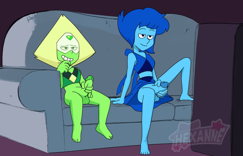 2dickgirls 2futas balls blonde_hair blue_hair blue_skin bottomless breasts cartoon_network clothed clothing dickgirl duo electronics erection feet futa_only futanari gem_(species) green_skin half-closed_eyes hexanne humanoid humanoid_penis lapis_lazuli_(steven_universe) manual masturbation mostly_clothed mutual_masturbation partially_clothed penis peridot_(steven_universe) sitting smile spread_legs steven_universe television