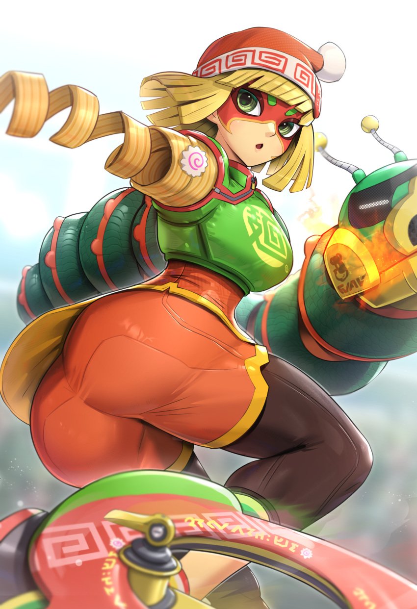 1girls arms_(game) ass big_ass blonde_hair bob_cut breasts bubble_butt dat_ass female female_only gonzarez hair_arms min_min_(arms) nintendo shorts solo