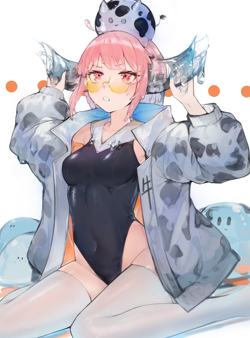 absurd_res cow_horns eyebrows_visible_through_hair glasses hands_on_horns hiiragi_mikoto jacket leggings looking_at_viewer matching_hair/eyes medium_breasts one-piece_swimsuit pink_eyes pink_hair sae_(vtuber) short_hair sitting slime slime_girl slime_hair solo_female virtual_youtuber white_background