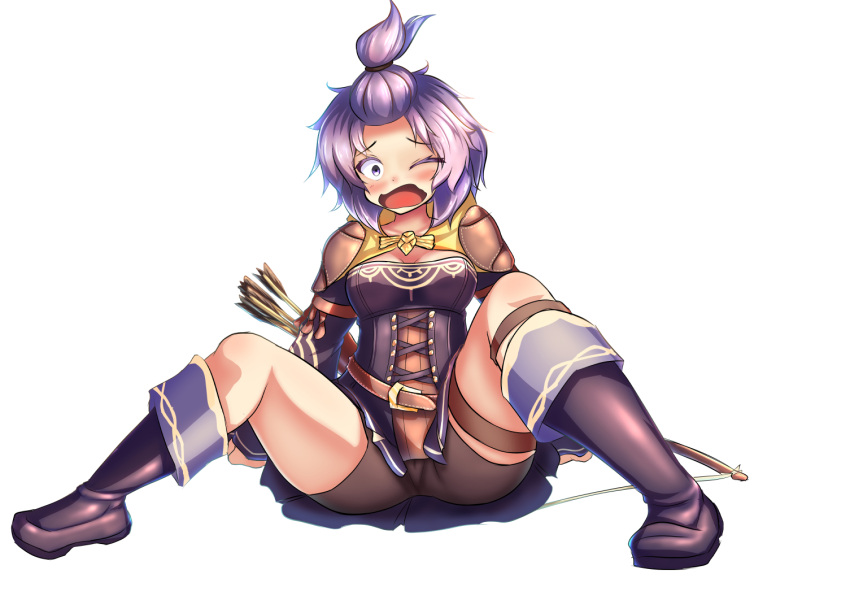 1girls aldent alternate_costume alternate_hairstyle bare_legs bernadetta_von_varley breasts clumsy female female_only fire_emblem fire_emblem:_three_houses fire_emblem_warriors:_three_hopes legs medium_breasts medium_hair ninja nintendo official_alternate_costume official_alternate_hairstyle one_eye_closed partially_visible_vulva ponytail shorts solo spread_legs tripping
