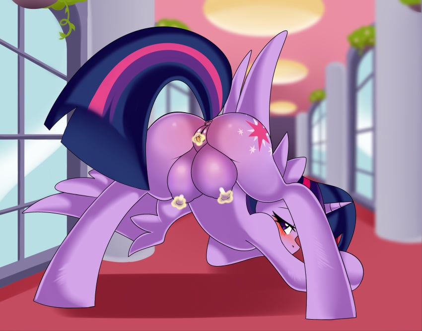 2021 absurd_res alicorn bedroom_eyes blush crotchboobs cutie_mark equid equine eyelashes female feral friendship_is_magic hair haruk hasbro hi_res horn jack-o'_pose jack-o_pose magic mammal my_little_pony narrowed_eyes nipples pose purple_body purple_eyes purple_hair purple_tail raised_tail rear_view seductive solo twilight_sparkle_(mlp) wings