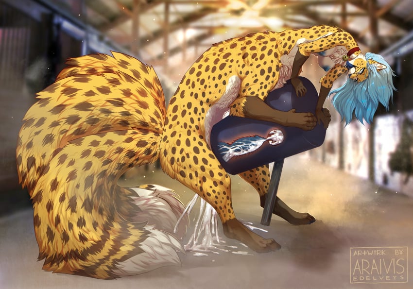 1futa 3_tails absurd_res anthro araivis-edelveys bell bell_collar blue_hair blue_nipples blue_penis blue_tongue bodily_fluids breasts breeding_mount breeding_mount_use cheetah collar cum dipstick_tail ejaculation eyewear felid felid_taur feline furry futa_only futanari genital_fluids genitals glasses gloves_(marking) gynomorph hair hi_res intersex knot leg_markings looking_pleasured mammal mammal_taur markings masturbation multi_tail nipples nude open_mouth penis socks_(marking) solo tail_markings taur tongue x-ray