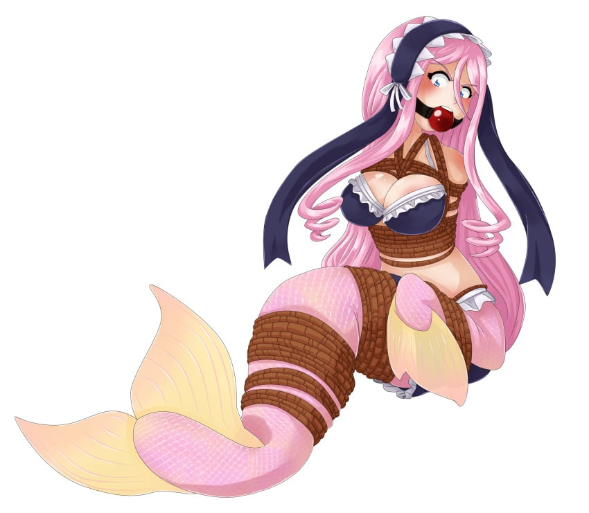 absurd_res ball_gag big_breasts blush bondage bound breasts clothed female gag gagmanzx hi_res looking_at_viewer marine merfolk mermaid meroune_lorelei meroune_lorelei_(monster_musume) monster_girl_(genre) monster_musume monster_musume_no_iru_nichijou pink_hair restraints rope rope_bondage solo split_form