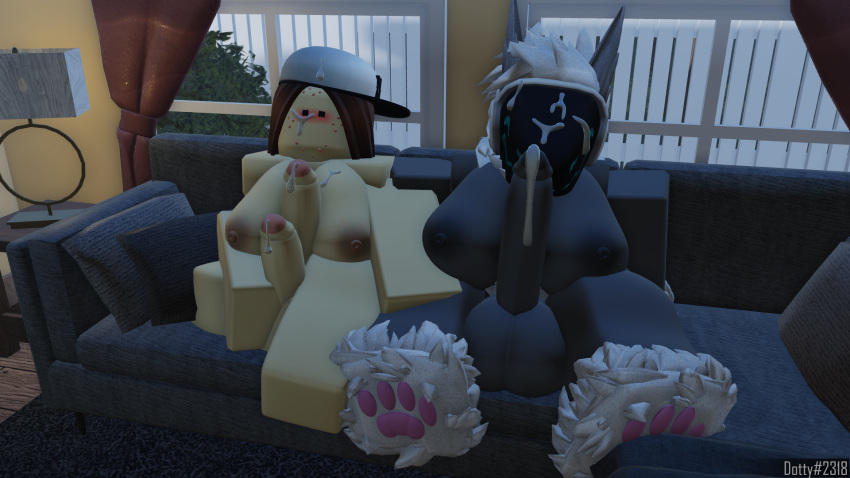 2futas 3d acne balls big_ass big_breasts big_penis breasts couch cum cum_on_face diphallia diphallism dotty1001 dripping_cum furry futa_on_futa futanari masturbating_together masturbation multi_penis penis protogen roblox robloxian self_upload tagme