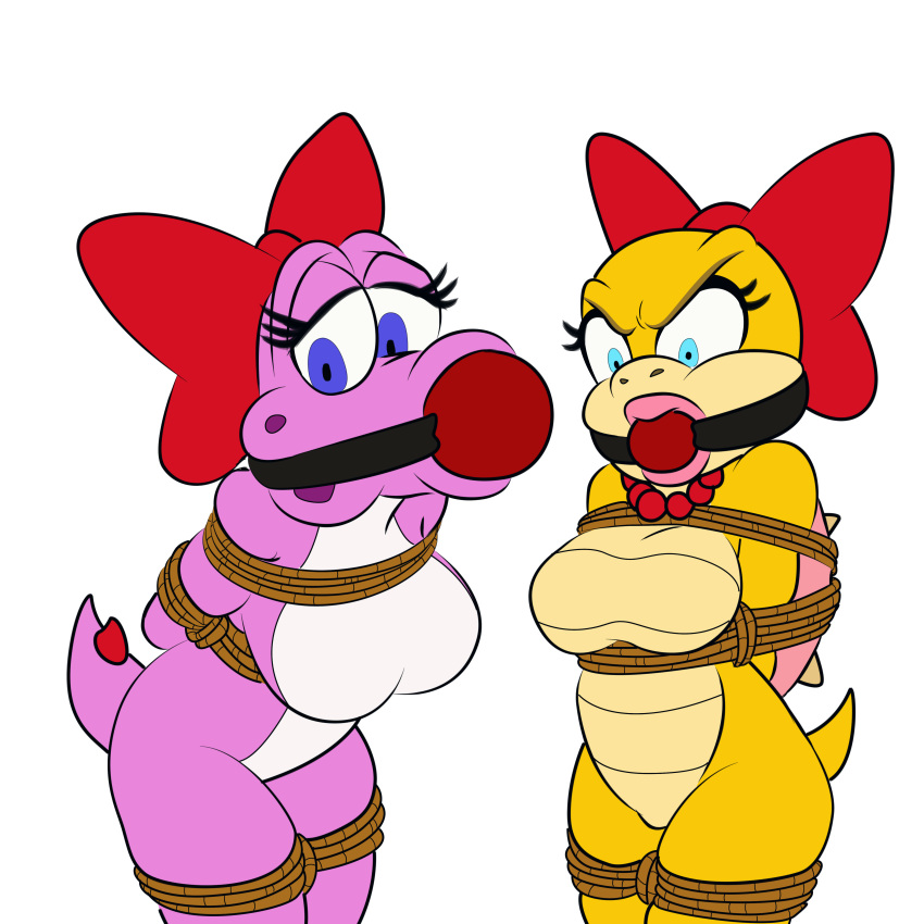 1:1 absurd_res accessory anthro ball_gag birdetta birdo bondage bound breasts duo featureless_breasts female gag gagmanzx hair_accessory hair_ribbon hairbow hi_res jewelry koopa koopaling looking_at_viewer mario_(series) necklace nintendo no_nipples restraints ribbons rope rope_bondage rule_63 scalie video_games wendy_o._koopa