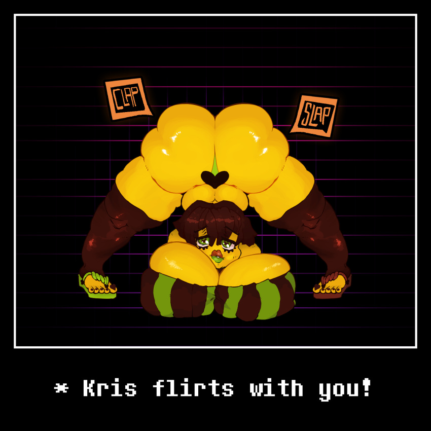 ass bending_over big_ass big_breasts big_butt big_lips bimbo bimbo_lips bimbofication bimborune bimbotale breasts clothing deltarune english_text female female_only green_eyes huge_ass huge_breasts huge_butt huge_thighs jack-o_pose kris_(deltarune) kris_female_(deltarune) lipstick lothkafas overweight rule_63 solo solo_female text thick_thighs thighhighs undertale_(series)