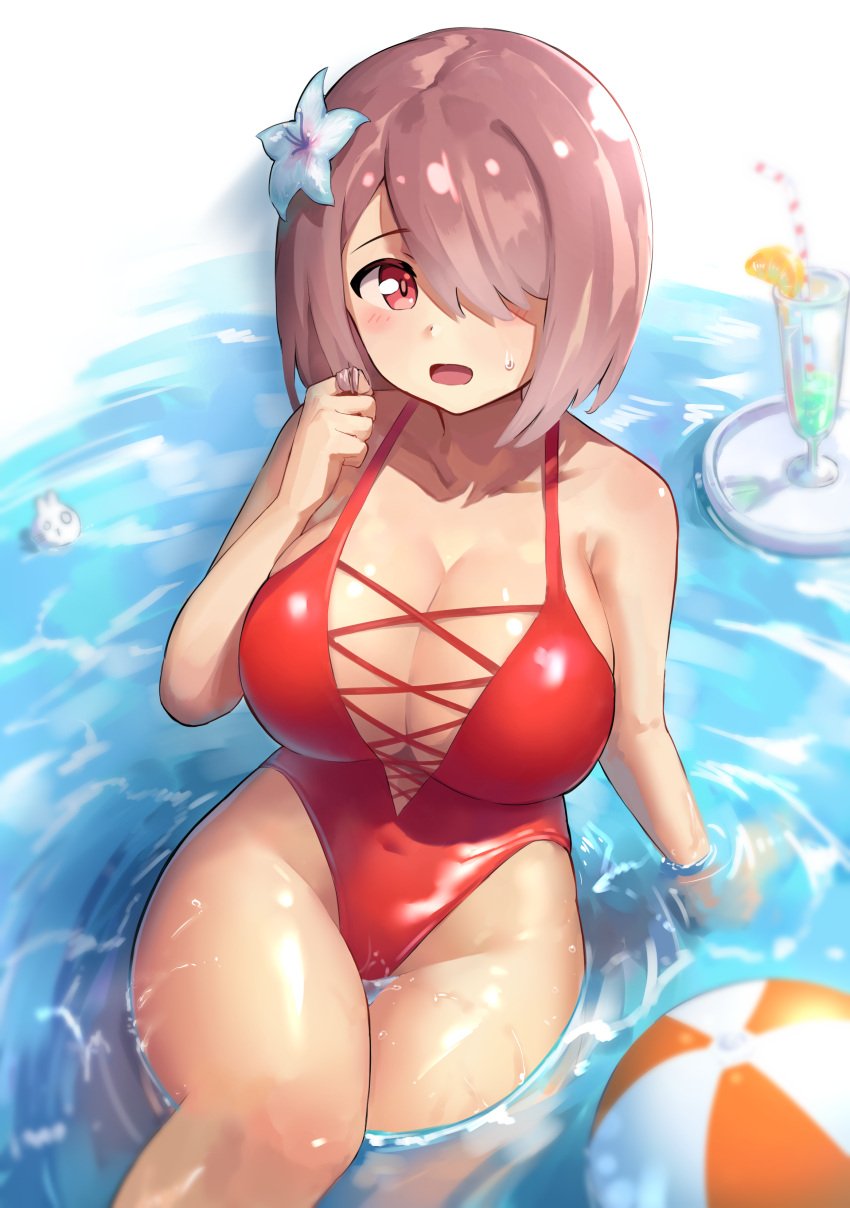 1girls arm_support ball bare_legs beach_ball breasts brown_hair cleavage collarbone covered_navel drink drinking_straw female floating floating_object flower food fruit glass groin hair_flower hair_ornament hair_over_one_eye hair_twirling hi_res highres hoshino_miyako_(wataten) large_breasts lemon lemon_slice looking_at_viewer monane4 one-piece_swimsuit red_eyes red_swimsuit shiny shiny_skin shocked sitting solo swimsuit watashi_ni_tenshi_ga_maiorita!