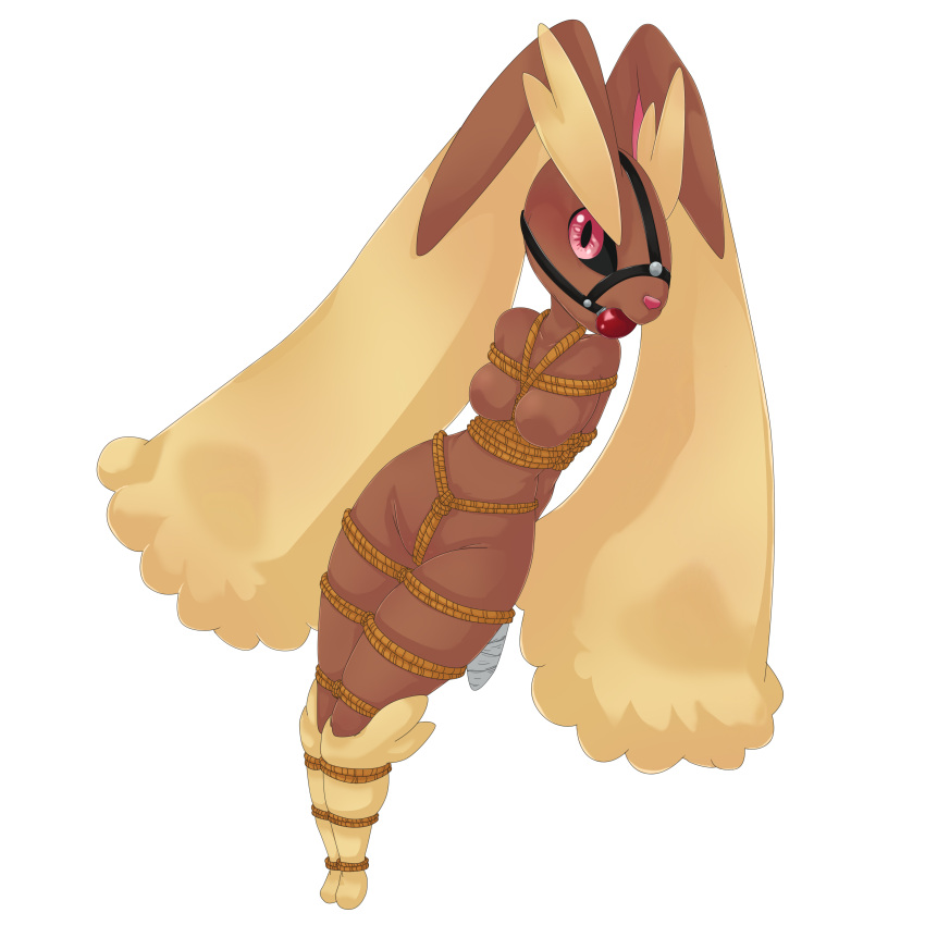 1:1 absurd_res anthro ball_gag bondage bound breasts crotch_rope female gag gagmanzx harness harness_ball_gag harness_gag hi_res looking_at_viewer lopunny medium_breasts muzzle_(object) nintendo pokémon_(species) pokemon pokemon_(species) restraints rope rope_bondage solo tape taped_hands video_games