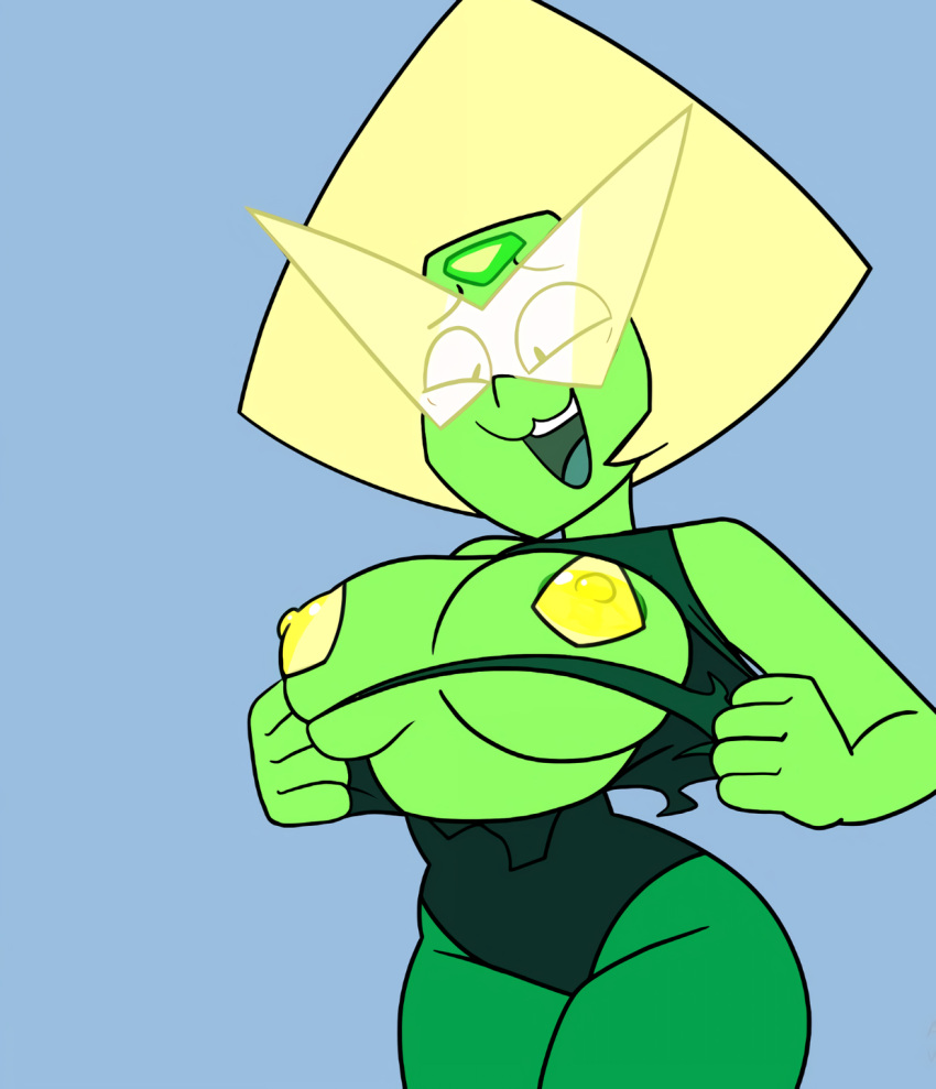 1girls alien alien_girl big_breasts blonde_hair breasts drpizzaboi1 edit female female_only flashing flashing_breasts gem_(species) green_nipples green_skin large_breasts open_mouth pasties peridot_(steven_universe) ripped_clothing smile solo steven_universe visor yellow_pasties