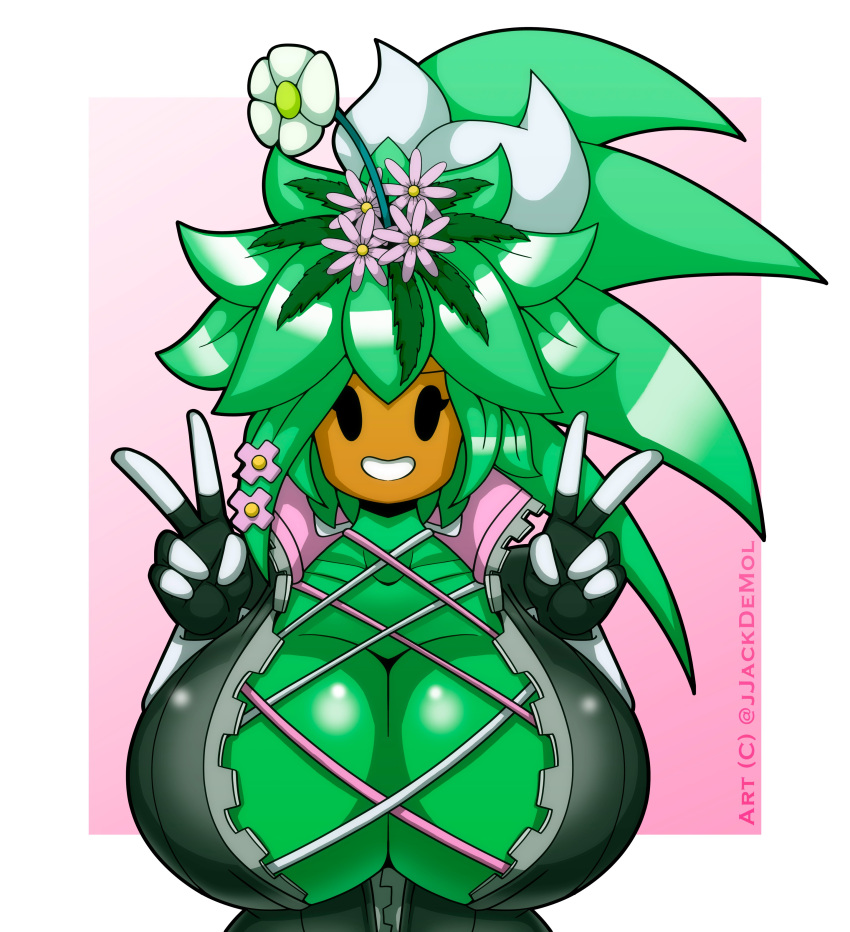 big_breasts blaster_master blaster_master_zero blaster_master_zero_2 blindstash breasts female huge_breasts kanna_(blaster_master) looking_at_viewer mob_face peace_sign plant plant_girl plantie