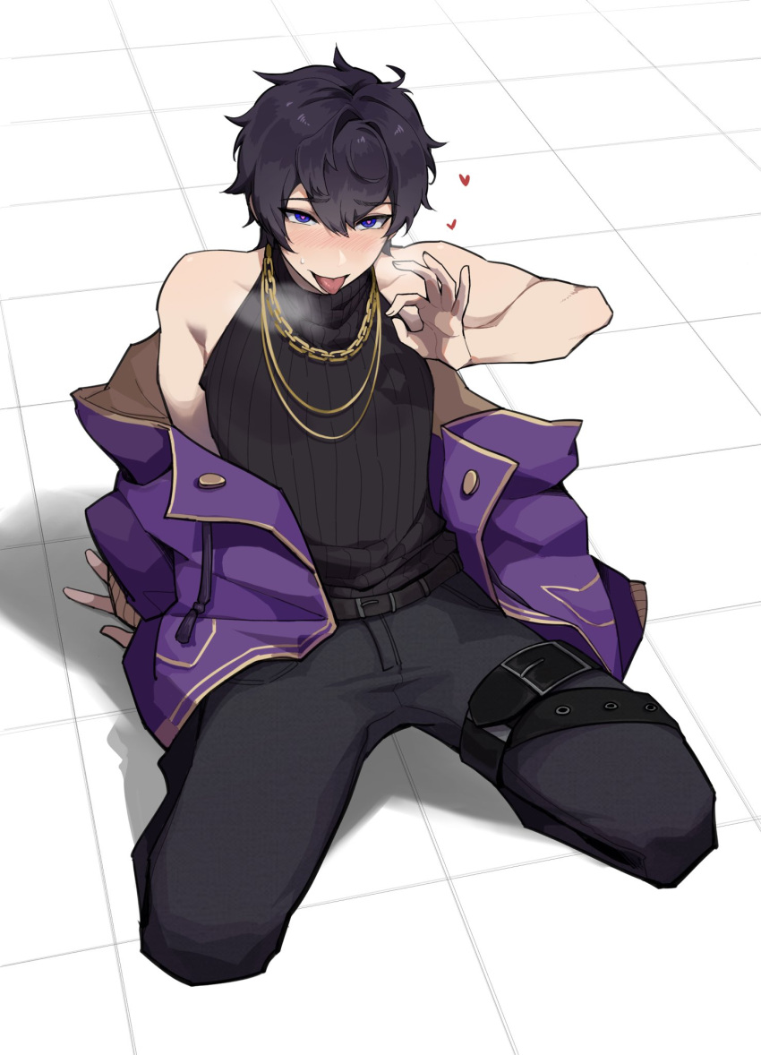 1boy aroused black_pants blush chain chain_necklace fellatio_gesture feminine_male girly gold_chain gold_necklace heart heart-shaped_pupils heavy_breathing indie_virtual_youtuber latiao_dd looking_at_viewer male male_only necklaces purple_coat shoto shoto_(vtuber) sitting_down sleeveless sleeveless_shirt solo solo_male steam submissive_and_breedable submissive_male thigh_belt tongue tongue_out virtual_youtuber