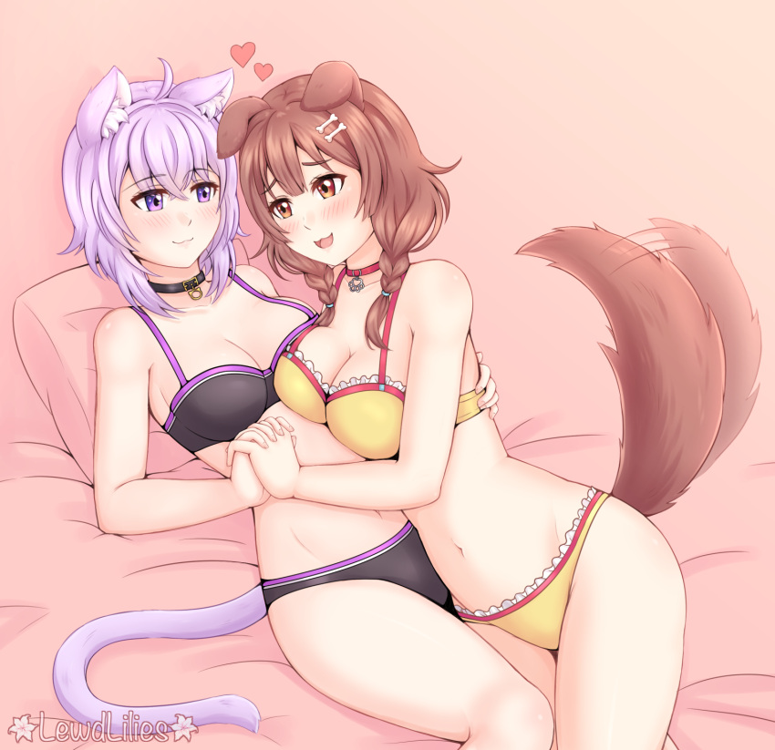 2girls :3 adorable black_panties blush bra brown_eyes brown_hair cat_tail cuddling female female_only hololive hololive_gamers hololive_japan inugami_korone laying_on_bed lewdlilies light-skinned_female light_purple_hair nekomata_okayu panties purple_eyes smile smiling virtual_youtuber wholesome yellow_panties yuri