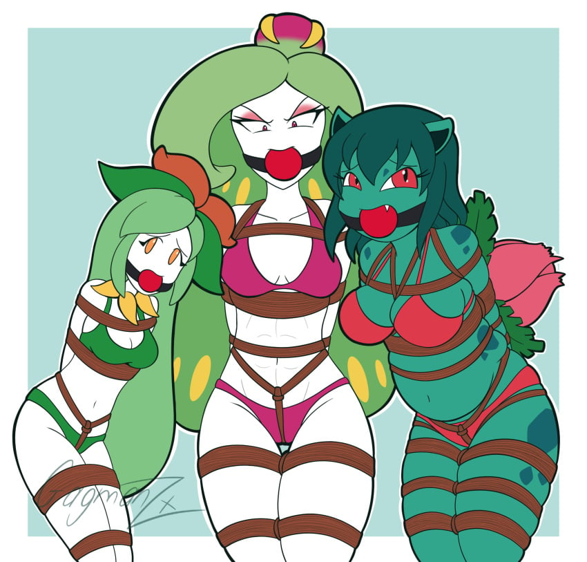 anthro ball_gag bondage bound bra breasts clothing crotch_rope female flower_(anatomy) gag gagmanzx group hi_res ivysaur lilligant looking_at_viewer nintendo panties pokémon_(species) pokemon pokemon_(species) restraints rope rope_bondage slightly_chubby trio tsareena underwear video_games