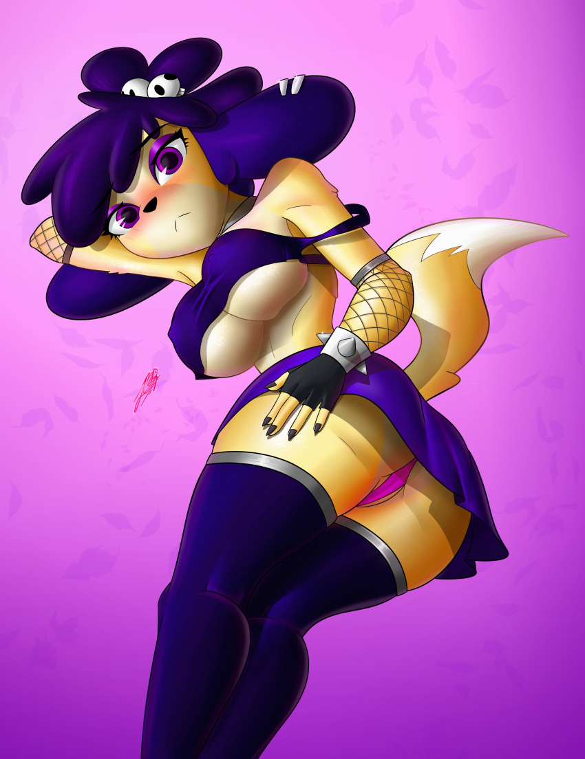 alluring-taili animal_crossing anthro ass breasts canine dog dress female furry_only goth gothabelle half-dressed isabelle_(animal_crossing) nintendo purple_eyes purple_hair source_request underboob upskirt year_request