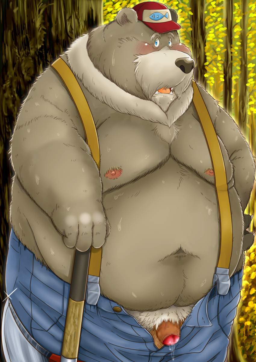 2022 anthro axe balls belly big_belly blue_eyes blush bottomwear censored clothing genitals hi_res humanoid_genitalia humanoid_hands humanoid_penis kemono lumbearjack lumberjack male male_focus male_only mammal mature_male melee_weapon moobs navel nipples norataro outside overweight overweight_male pants penis plant pubes solo tree ursid video_games weapon