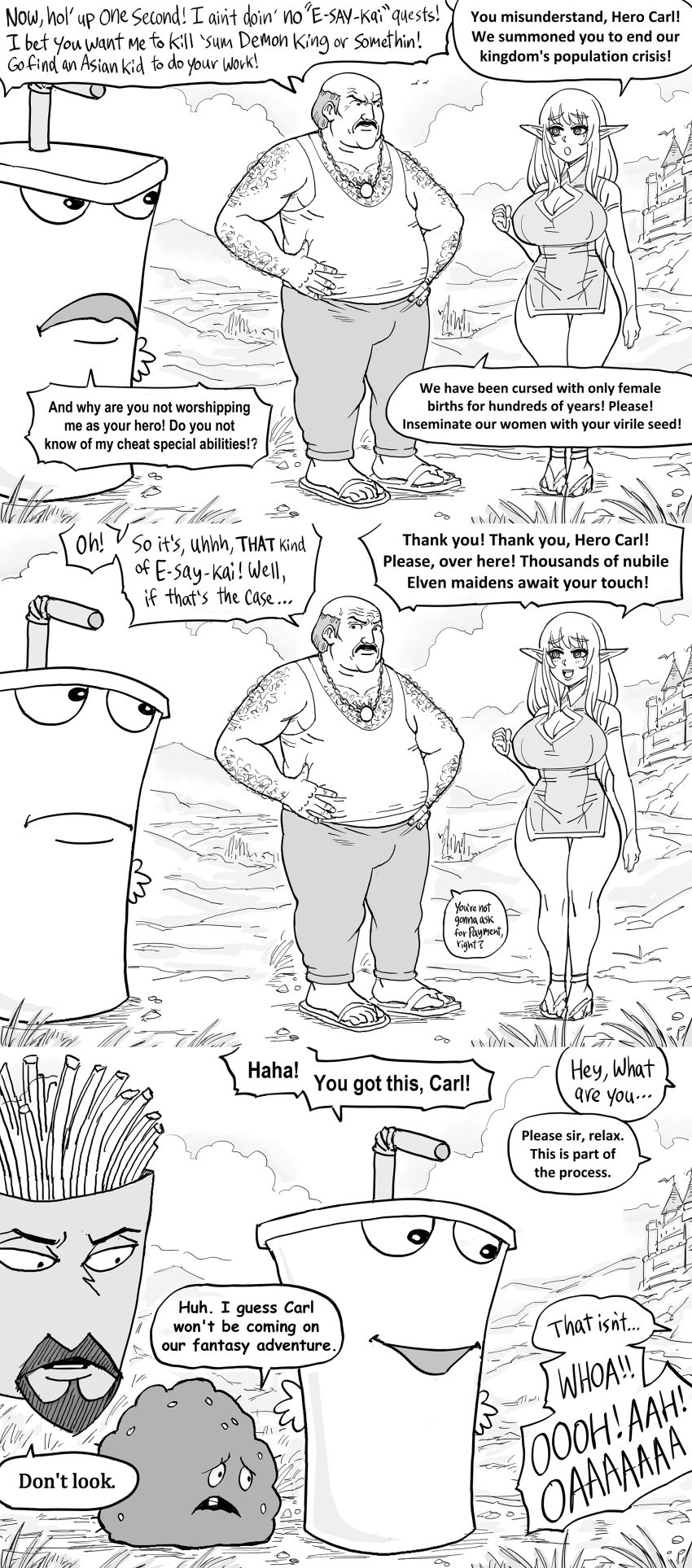 1girls 3boys aqua_teen_hunger_force bad_end bald bb_(baalbuddy) carl_brutananadilewski cleavage comic dialogue dress elf elf_ears elf_female feet female female_focus frylock funny hairy hairy_male heels huge_breasts inviting_to_sex master_shake meatwad monochrome pointy_ears stitched text