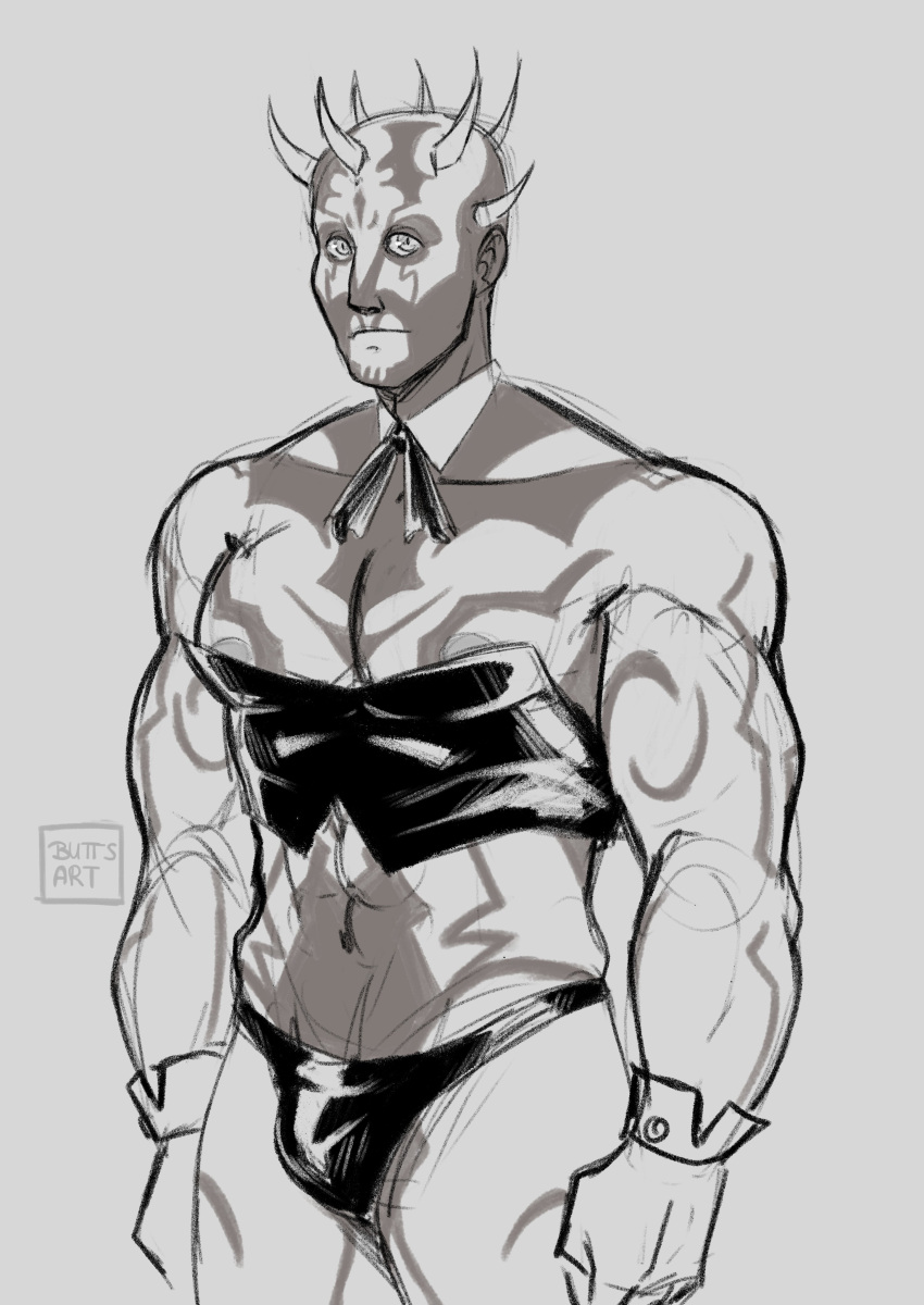 alien barely_clothed barely_contained body_markings bulge butts_art gloves horns looking_at_viewer male male_only muscular muscular_male nipples revealing_clothes savage_opress sketch solo solo_focus star_wars zabrak