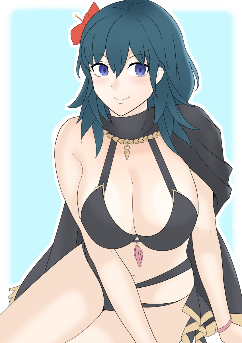 1girls alternate_costume bikini black_bikini black_swimsuit blue_eyes blue_hair breasts byleth_(fire_emblem) byleth_(fire_emblem)_(female) byleth_(summer)_(fire_emblem)_(female) cleavage female female_only fire_emblem fire_emblem:_three_houses fire_emblem_heroes looking_at_viewer maplesugar7324 nintendo official_alternate_costume solo swimsuit