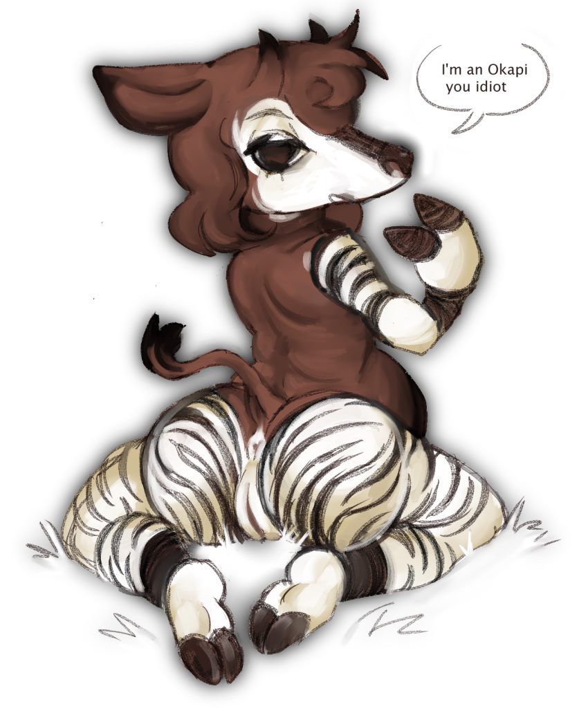 1girls anthro anus ass bangs belly big_belly big_butt black_nose black_stripes black_text bob_cut brown_body brown_hair butt_focus chubby_anthro cloven_hooves colored dialogue ears_down english_text feet female female_only fingers fur furry furry_only genitals giraffid gradient grass hair hi_res hoof_fetish hooved_fingers hooves horn looking_back mammal markings medium_hair naked nude okapi okapi_tail ossicone pester pivoted_ears plant pussy raised_tail rear_view shaded simple_background sitting sketchy solo solo_female speech_bubble striped_markings stripes tail text white_anus white_arms white_background white_butt white_face white_legs white_pussy zebra_stripes