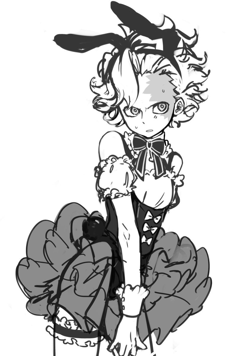 alternate_costume bare_shoulders belaf big_forehead bunny_ears burn_scar crossdressing curly_hair embarrassed facial_scar femboy frills garter looking_away made_in_abyss maid maid_uniform male male_only male_playboy_bunny maromayu monochrome neck_ribbon no_eyebrows scar short_hair sketch solo sweat