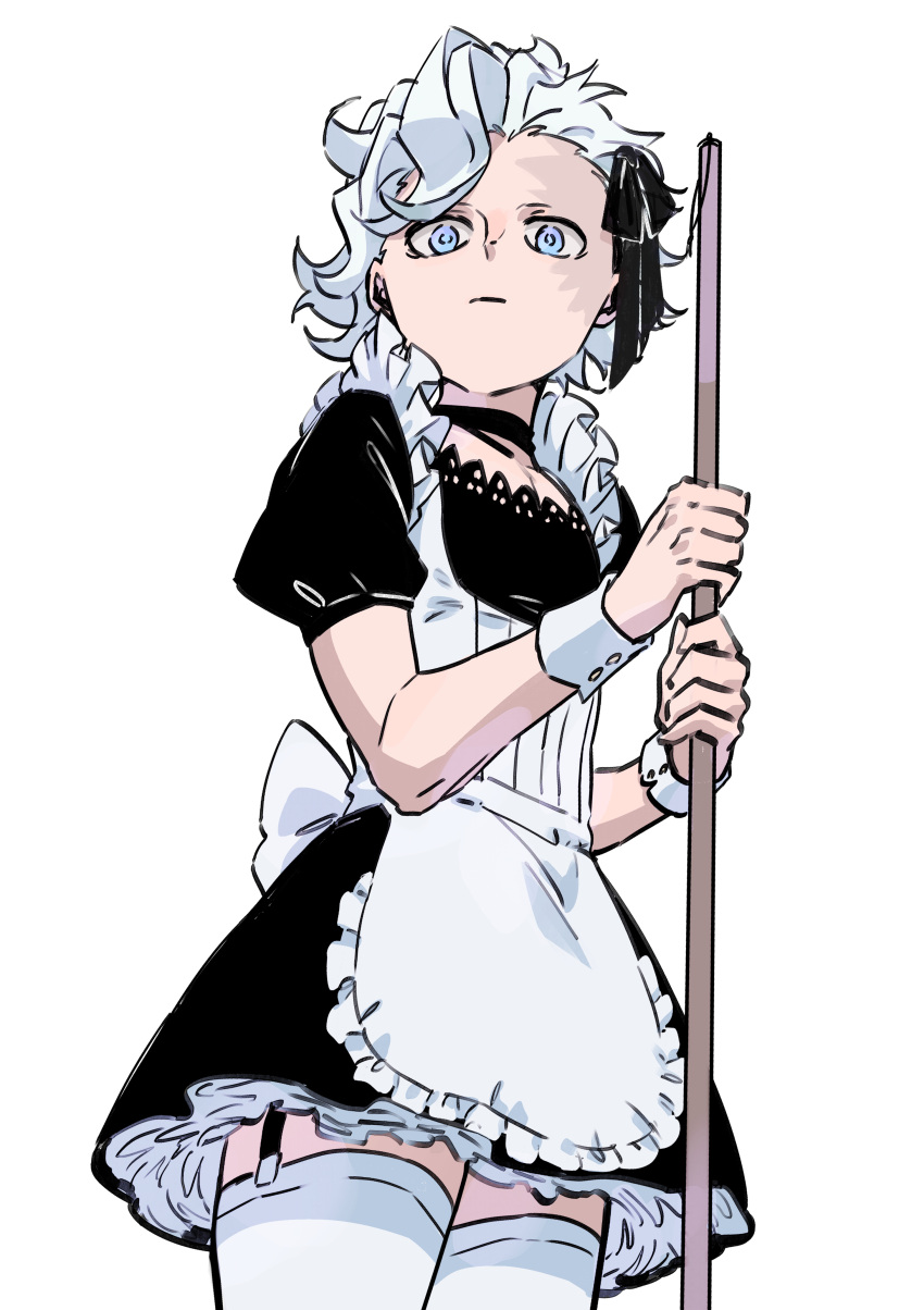 alternate_costume apron belaf blue_eyes burn_scar choker crossdressing curly_hair expressionless facial_scar femboy garter_straps hair_ribbon looking_at_viewer low-angle_view made_in_abyss maid maid_uniform male male_only maromayu no_eyebrows scar short_hair solo thighhighs white_hair white_legwear white_thighhighs wrist_cuffs