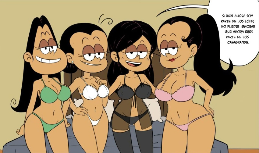 4girls aged_up big_breasts black_hair bra breasts carlota_casagrande cleavage comic dialogue frida_puga_casagrande full_color half-closed_eyes hips hispanic huge_breasts large_breasts latina lingerie maria_santiago mexican multicolored multiple_females multiple_girls navel negligee older panties ponytail redkaze ronnie_anne_santiago spanish spanish_dialogue spanish_text speech_bubble stockings straight_hair text the_casagrandes the_loud_house thick_thighs thigh_highs thighhighs thighs underwear wide_hips