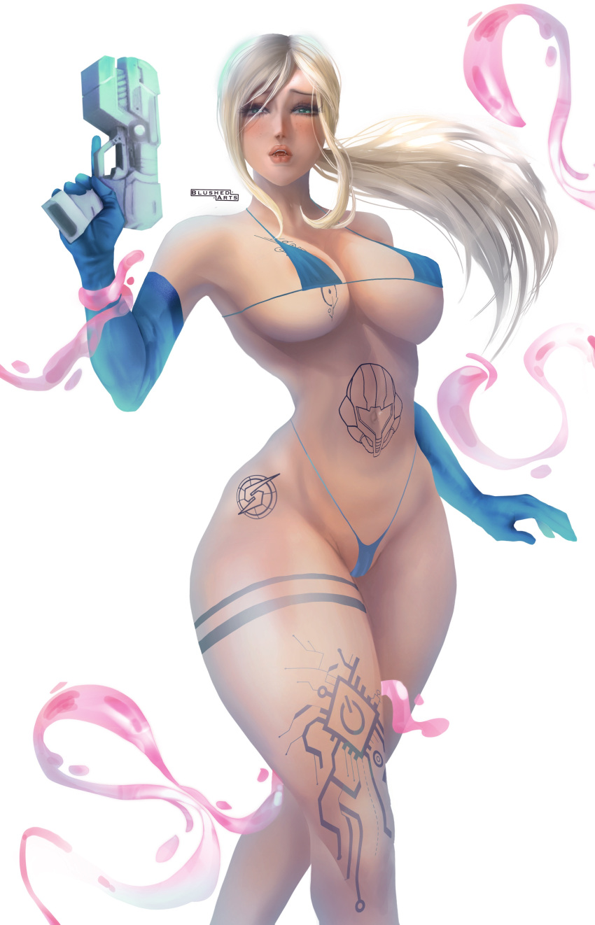 2d arm_length_gloves artist_signature bikini blonde_hair blushedarts female g-string green_eyes gun highres large_breasts metroid ponytail samus_aran screw_attack simple_background tattoo unknown_pink_stuff white_background wide_hips