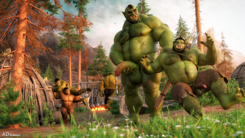 ad-games body_hair boruk_(ad-games) chest_hair duo forest gay genitals green_body green_skin hi_res humanoid humanoid_genitalia humanoid_penis kurdan_(ad-games) male male/male male_only muscular muscular_male nipples orc orc_male penis plant tree village